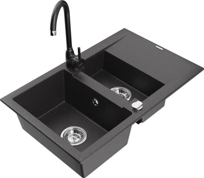 Mexen Gaspar granieten gootsteen 1,5-kompartment met afdruiprek en Telma keukenkraan, zwart gespikkeld - 6507-76-670200-70