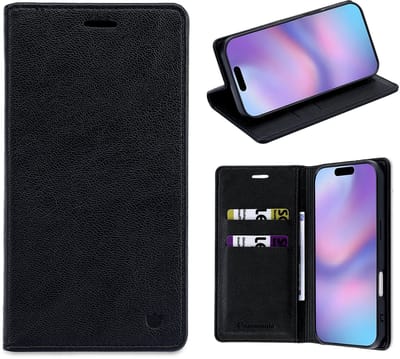 Casemania Hoesje Geschikt voor Apple iPhone 17 - Onyx Black - Dunne Bookcase met Pasjeshouder - Slim Wallet Case van Lederlook met Fijne Nerf en Rijke Glans - Zwart