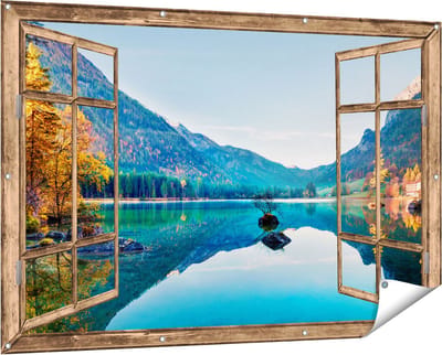 Gards Tuinposter Doorkijk Meer met Herfstbomen - 150x100 cm - Tuindoek - Tuindecoratie - Wanddecoratie buiten - Tuinschilderij