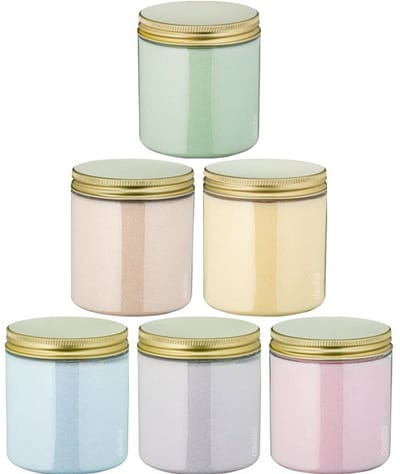 Scrubzout - 300 gram - set van 6 verschillende geuren - Gouden Deksel - Opium, Lavendel, Rozen, Amandel, Vanille en Eucalyptus - Hydraterende Lichaamsscrub - Cadeau