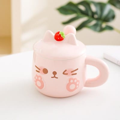 Leuke Kat Keramische Mok Koppelsbeker met Deksel Lepel Koffiekop Cadeau Bestie Beker Praktisch Verjaardagscadeau 301-400ml white