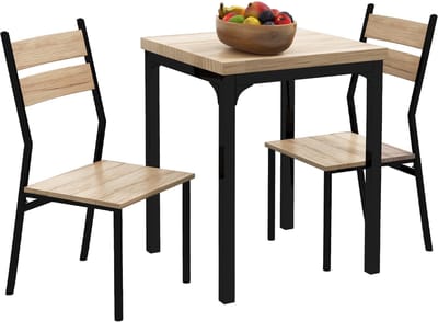 3-delige Eettafelset Keukentafel met Stoelen 60x60x76 cm in Natuurlijke Houtnerf + Zwart, 1 Tafel en 2 Stoelen van MDF en Metaal, Landelijk Compact Design voor Kleine Keuken, Woonkamer, Bar of Café, Ruimtebesparend en Multifunctioneel