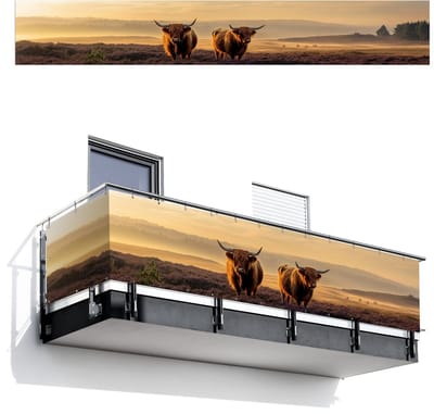 Balkonscherm 500x75 cm - Balkonposter Schotse hooglanders - Heide - Landschap - Dieren - Balkon scherm decoratie - Balkonschermen - Balkondoek zonnescherm