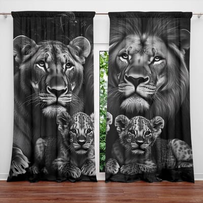 2 stuks Feestelijke Leeuwenfamilie Bedrukt Gordijn voor Huisdecoratie - Tunnel voor Roede Raambekleding voor Slaapkamer, Kantoor, Keuken, Woonkamer 52.5cmX116cm X 2pcs gray