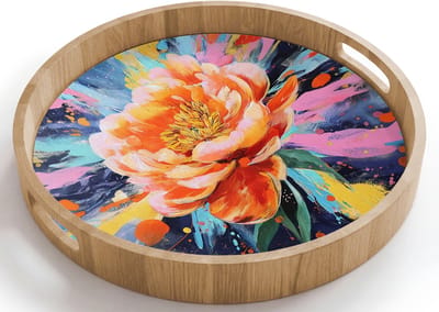 Dienblad rond 40x40 cm - Schootdienblad hout - Bloemexplosie - Felle spatten - Dynamisch - Borrelplank rechthoek - Plateau houten dienbladen