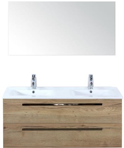 Seville Badmeubelset 120 cm - 2 Laden Natuur Eiken - Wastafel Enjoy Dubbel met Spiegel