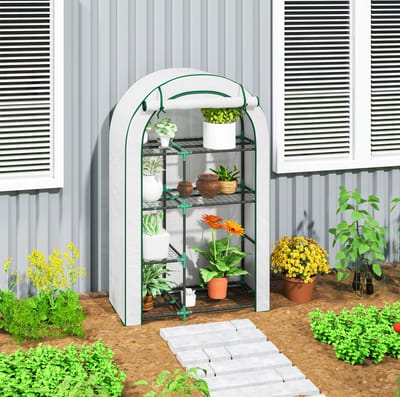 MEUNIQ Foliekas 100 x 45 x 160 cm met 7 draadrekken, oprolbare ritsdeur en stalen frame, tomatenkas voor balkon of tuin, wit