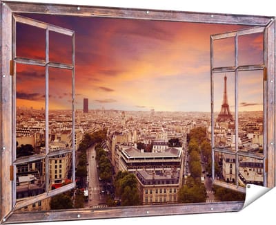 Gards Tuinposter Doorkijk Skyline Parijs met Eiffeltoren - 180x120 cm - Tuindoek - Tuindecoratie - Wanddecoratie buiten - Tuinschilderij