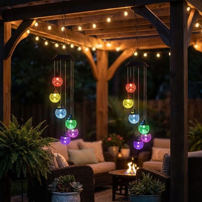 Windgong solar RGB LED hanglamp tuinlamp decoratief voor buiten crackle glazen bol, metaal, kleurwisselaar, LED, DxH 12,5x60 cm, set van 2