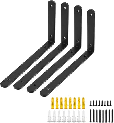 Zwarte 4-delige zware hoeksteunen, metalen L-vormige planksteunen, 25×15×2.5cm voor wandplanken, muurbevestiging en ondersteuning van hangende items