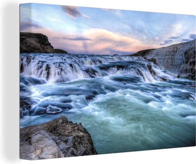 Canvas Schilderij Lichtblauwe kleur van het water bij de Gullfoss waterval - 30x20 cm - Wanddecoratie