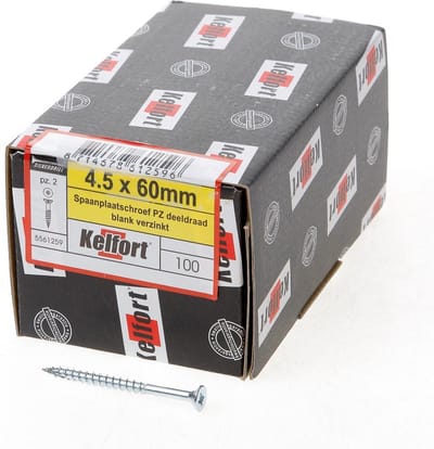 Kelfort Spaanplaatschroef platverzonken kop verzinkt pozidriv deeldraad 4.5 x 60mm (Prijs per 100 stuks)