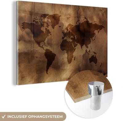 ® Glasschilderij 150x100 cm - Schilderij acrylglas - Wereldkaart - Bruin - Patronen - Foto op glas - Muurdecoratie woonkamer - Wanddecoratie slaapkamer - Schilderijen
