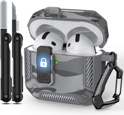 Schokbestendige Hoes voor AirPods 4 (2024) met Veilige Clip en Reinigingsset - Grijs Camouflage