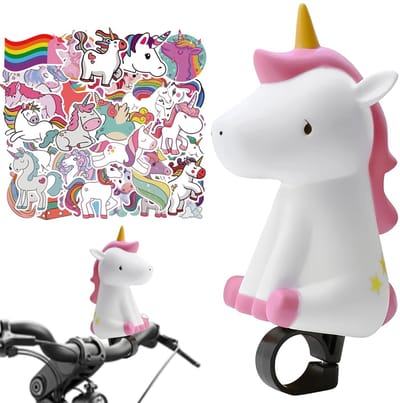 Dailygoods- Fietsbel Kind - Zacht en Duurzaam - Heldere Toon - Verstelbare Bevestiging - Inclusief 50 Eenhoornstickers - Voor Stuurstangen 2,2 cm - Fietsclaxon