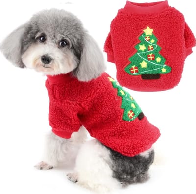 Kerstkleding voor kleine honden - Warme fleece truien en jassen voor pups in de winter - Perfecte outfits voor koud weer met kerstboomdesign in rood