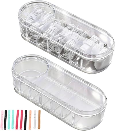 Kabel Organizer Doos Set van 2 met Deksel - 7 Compartimenten voor Oplaadkabels, Kantoorbenodigdheden en Make-up Accessoires, Inclusief 10 Kabelbinders