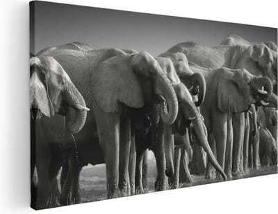 Artaza Canvas Schilderij Olifanten - 40x20 cm - Klein - Wanddecoratie Dieren - Muurdecoratie Afrika - Schilderijen Op Canvas Zwart Wit