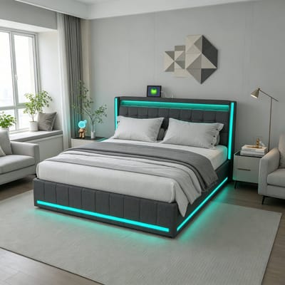Gestoffeerd Bed 140x200 cm met LED-Verlichting & USB Type-C – Tweepersoonsbed met 4 Laden, Opbergruimte & Lattenbodem – Linnen Grijs – Zonder Matras