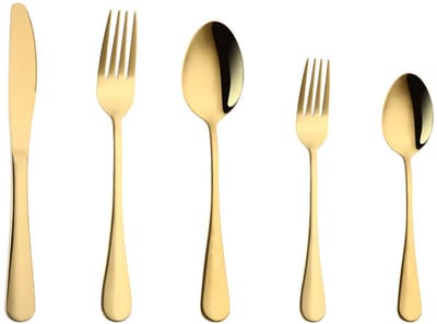 5 stuks-Bestekset - Steakmes - Dessertlepel - Dessertvork - Keukengereedschap - Geschikt voor thuis en eetkamer - Goudkleurig - Mes 22,5*2 cm - Vork 20,4*2,6 cm - Lepel 18,5*3,8 cm