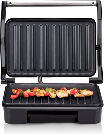 alpina Contactgrill - 750W - Tosti Apparaat - Panini Grill - Anti-Aanbaklaag - Indicatielampje - Verwijderbare Lekbak - Grillplaat 23 x 14,5 CM - Zilver/Zwart