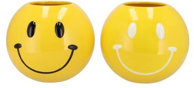 Smiley Face Pot Geel/Zwart/Wit – Set van 2 – 15x15x12 cm – Keramiek – Vrolijke Interieurdecoratie