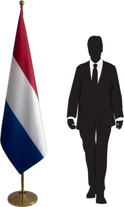 Nederlandse vlag 100x150 cm met RVS voet en telescopische mast – Ø360 mm – goudkleurig – bol Ø56 mm – premium kwaliteit