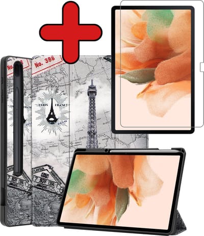 Hoesje - Geschikt voor Samsung Galaxy Tab S7 FE - Met Screenprotector - Trifold Bookcase Hoes - Hard Cover Case - Met Uitsparing Geschikt voor S Pen - Hardcover Book - Tablethoes - Eiffeltoren