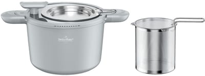 Swiss Haus® BPP22S 3-in-1 Pastapan Inductie met Vergiet en Metalen Deksel – Ø 22 cm / 4.9 Liter - PFAS Vrij - Multifunctionele Kookpan & Afgietpan – Spatvrij & Oliebesparend – Grijs