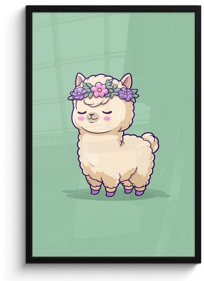 Poster in lijst - Fotolijst 60x90 cm - Posters - Alpaca - Groen - Bloemendiadeem - Posterlijst zwart - Decoratie - Wanddecoratie woonkamer - Muurdecoratie slaapkamer