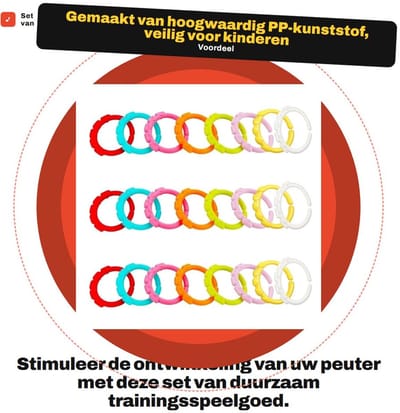 Dailygoods- Trainingsspeelgoed Duurzaam - Ringen/Wandelwagenhaken/Rammelaars - Baby Speelgoed - Kauwband - Hoogwaardig PP-Kunststof - Vrij van Schadelijke Chemicaliën - Babyspeelgoed