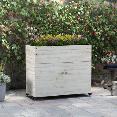 MODFU - Verhoogde Plantenbak Met Opbergkast En Wielen - Vintage - Voor Tuin En Balkon - Hout - Wit - 110 X 50 X 95 Cm