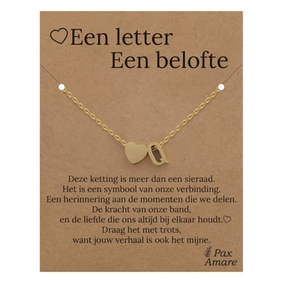 Letter Q ketting op Cadeau Kaartje - Een letter, een belofte - 45cm Goudkleurig Stainless Steel - Initiaal & Hartje Hanger - Pax Amare