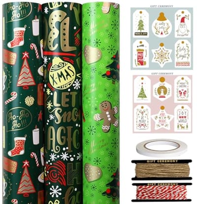Groene Kerstinpakpapierrollen Set - 3 Geaborteerde Cadeaupapierrollen 43 cm x 3 m met Decoratieve Cadeaulabels, Snaren en Tape - Peperkoek Mannen Ontwerpen