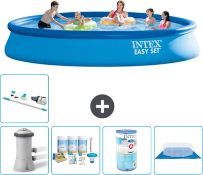 Intex Rond Opblaasbaar Easy Set Zwembad - 457 x 84 cm - Blauw - Inclusief Pomp - Onderhoudspakket - Filter - Grondzeil - Stofzuiger - Solar Mat - 7-delig