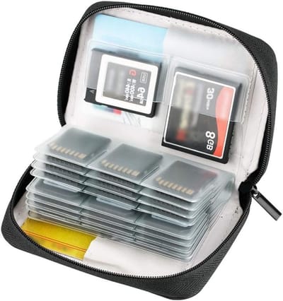 Draagbare opbergtas voor 24 SD/SDHC/SDXC kaarten en 4 CF/XQD kaarten - Grijze SD-kaarthouder met rits en 28 vakken