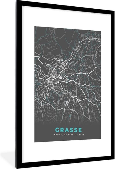 Fotolijst incl. Poster - Grasse - Frankrijk - Stadskaart - Plattegrond - Kaart - 60x90 cm - Posterlijst