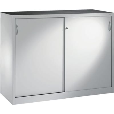 C + P gereedschapskast met schuifdeuren Acurado, B 1600 x D 500 x H 1200 mm, draagvermogen per legplank 70 kg, staal, lichtgrijs