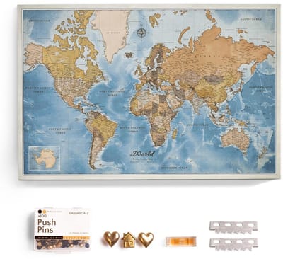 Canvas wereldkaart met prikbord van kurk - Engelse letters - decoratieve wanddecoratie voor alle kamers - canvasfoto's met motief wereldkaart (90x60 cm, patroon 15)