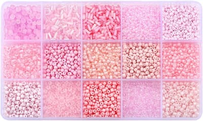 Mix 15 gekleurde glazen rocailles, buiskralen, glazen bugelkralen, losse kit voor het maken van sieraden, doe-het-zelf knutselkralen (mix 15 kleuren, roze)