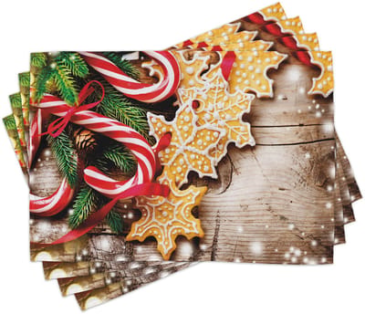 ABAKUHAUS Kerst-placematten, koekjes en snoepstokjes, tafeldecoratie voor in de keuken, van wasbare stof, met digitale druk, veelkleurig