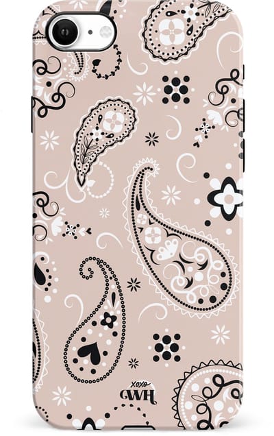 xoxo Wildhearts Paisley Dawn Nude - Double Layer - Hard case hoesje geschikt voor iPhone SE 2022 / SE 2020 hoesje - Print met bloemen en hartjes - Beschermhoes geschikt voor iPhone SE 2022 / SE 2020 / 8 / 7 case met print - beige / zwart