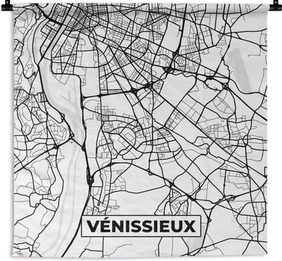 Wandkleed - Wanddoek - Kaart - Stadskaart - Frankrijk - Plattegrond - Vénissieux - Zwart wit - 180x180 cm - Wandtapijt