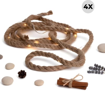 Lomera Jute Touw met Ledverlichting - 4 Stuks Jute Touw - 3 Meter Lang - Warm Wit Licht - Op Batterijen - Sfeervolle Verlichting - Kerstverlichting - Kerstdecoratie - Industriële Inrichting - Kerstversieringen - 30 LED Lampjes