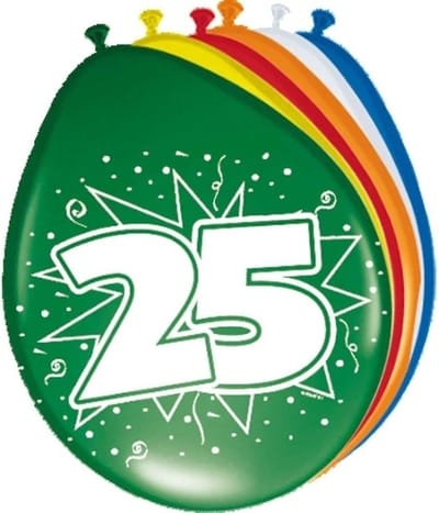 Folat Verjaardag leeftijd ballonnen 25 jaar - 16x - multi - 25 cm - feestartikelen/versieringen