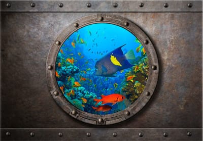 Fotobehangkoning - Behang - Vliesbehang - Fotobehang 3D Onderzeeër - Tropische Vissen - Submarine Window - 400 x 280 cm