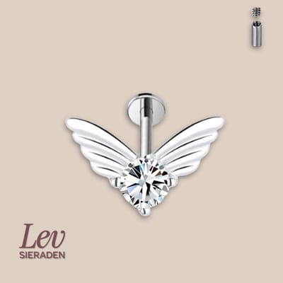 Lev Sieraden - Titanium anglewings labret met transparante steen - 1.2x8mm - Zilver - Intern geschroeft - Internally treaded