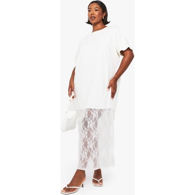 boohoo Dames Plus midaxi t-shirtjurk met kanten details | Wit | Maat: 50