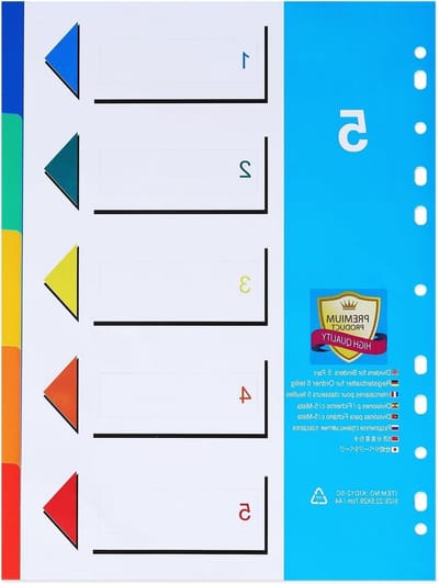 A4 Bestandsdividers met 11 Perforated Versterkte Kleurindex Tabs - 10 Stuks, Indexnummers 1-5 voor Thuis en Kantoororganisatie