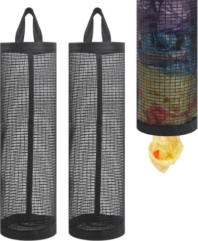 Hangende tassen - 2-pack - Mesh hangende plastic tas houder - Boodschappentas / vuilniszak organizer - Zwart